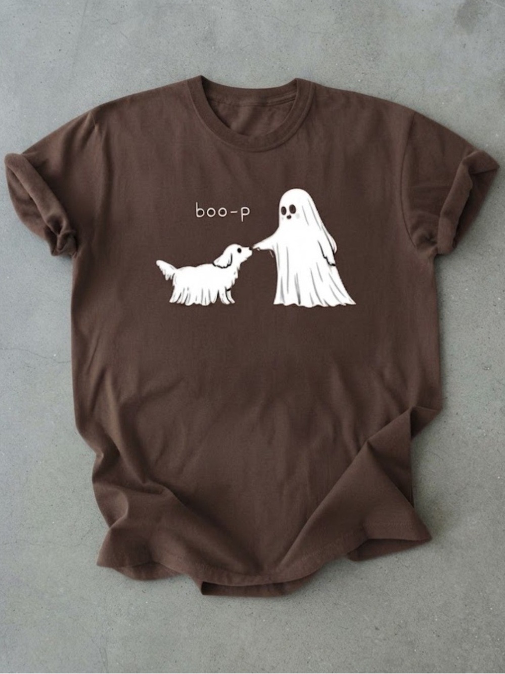 Comfort Colors Brown Tee with White Dog & Ghost "boo-p" Graphic